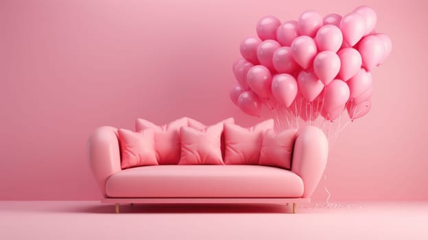 Pink sofa and heart-shaped balloons, on a pink background AI