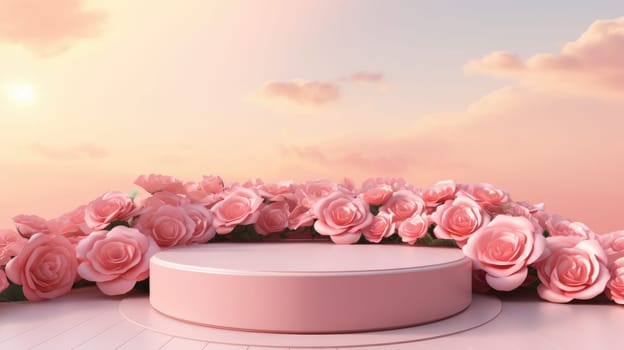 Empty podium and pink roses for product display. Romantic pink sunset background. Copyspace AI