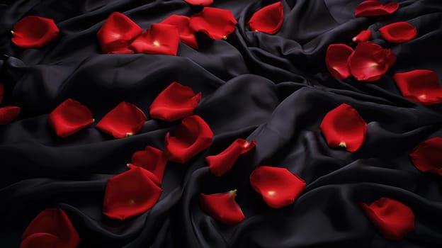Rose rose petals scattered over black silk satin bed sheets. Romantic visual. AI