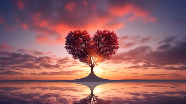 Tree of love. Romantic heart shape tree on sunset sky. Beautiful landscape with red tree. Love background AI