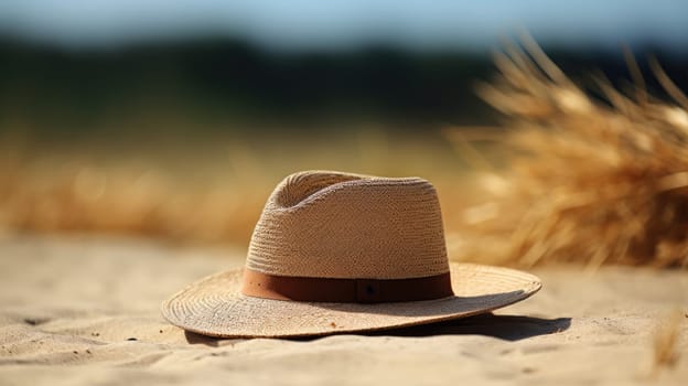 Straw hat on sand. Holiday concept. Travel and vacation concept. AI