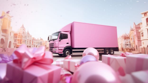 Truck with a gift box, against the backdrop of a blurry pink city. Gift delivery service AI