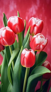 Pink tulips on the pink background. Flat lay, top view. Valentines background. Vertical AI