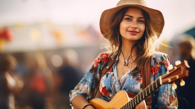 Woman in country clothes with guitar. Blurred background with music festival. Blurred bulb lights AI
