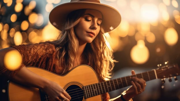 Woman in country clothes with guitar. Blurred background with music festival. Blurred bulb lights AI