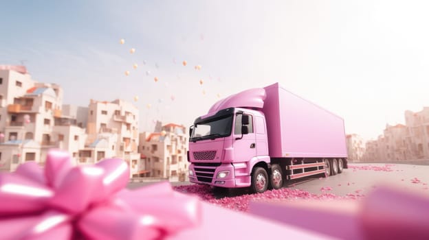 Truck with a gift box, against the backdrop of a blurry pink city. Gift delivery service AI