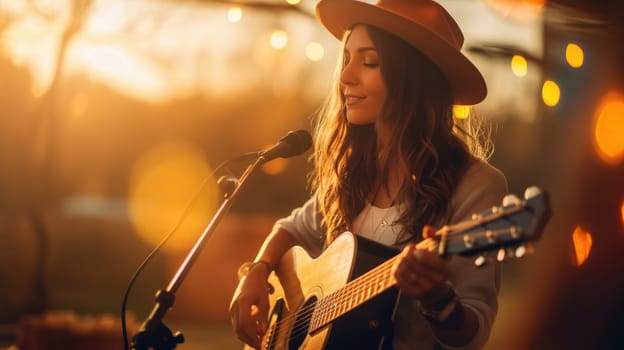 Woman in country clothes with guitar. Blurred background with music festival. Blurred bulb lights AI