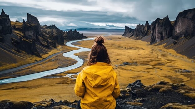 Young woman tourist in a yellow coat Iceland landscapes in the background AI