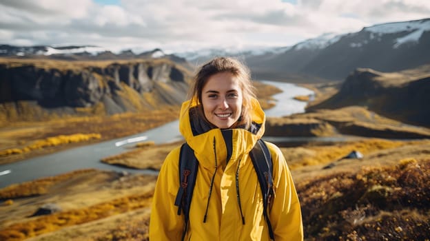 Young woman tourist in a yellow coat Iceland landscapes in the background AI