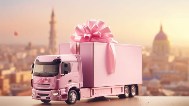 Truck with a gift box, against the backdrop of a blurry pink city. Gift delivery service AI