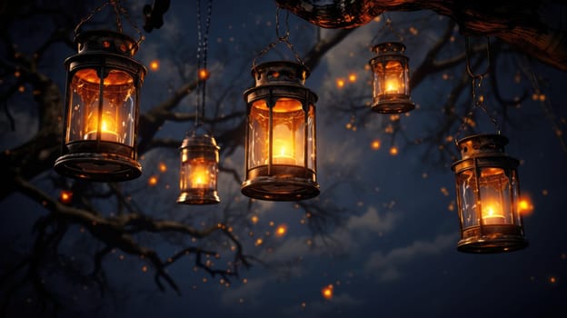 Lantern with night sky. Lantern with candles hanging from branches. Garden decor. AI