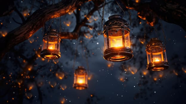 Lantern with night sky. Lantern with candles hanging from branches. Garden decor. AI