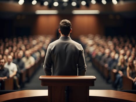 A man stands at a podium in front of an audience, passionately delivering his speech on a stage. created with generative AI technology