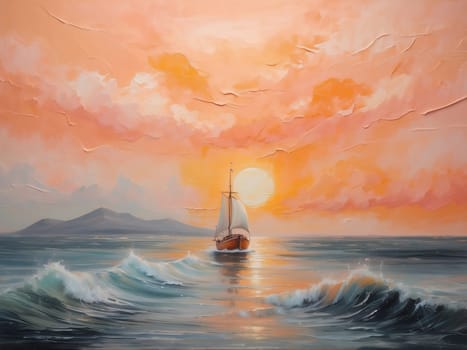 A picturesque painting capturing the beauty of a boat sailing across the ocean during a breathtaking sunset. created with generative AI technology