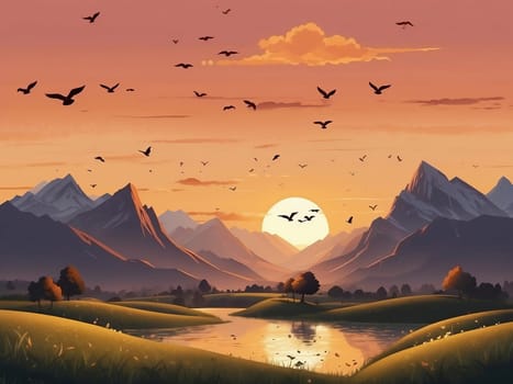 A beautiful painting capturing the vibrant hues of a sunset with birds soaring through the sky. created with generative AI technology