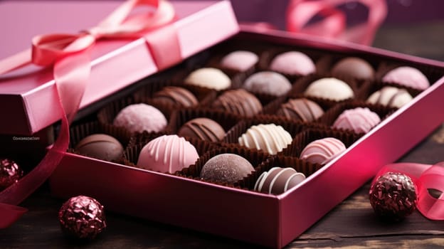 Chocolates and chocolate pralines in a pink gift box as a luxury holiday present AI