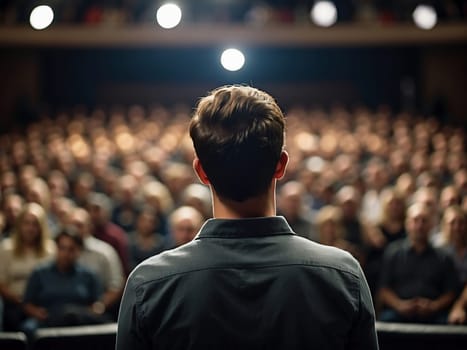 A man stands at a podium in front of an audience, passionately delivering his speech on a stage. created with generative AI technology