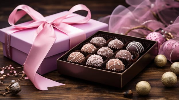 Chocolates and chocolate pralines in a pink gift box as a luxury holiday present AI