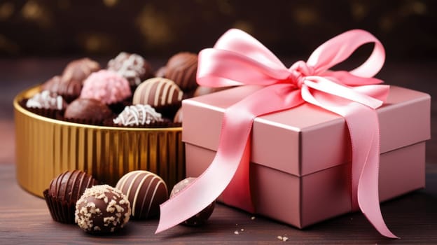 Chocolates and chocolate pralines in a pink gift box as a luxury holiday present AI