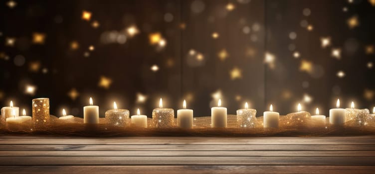 Christmas Lights Celebration: A Glowing Candle Decoration on Rustic Wooden Table, Bokeh Background