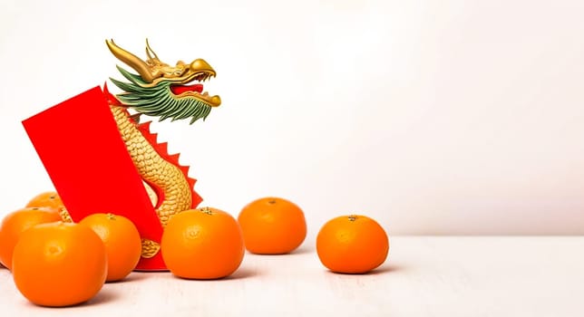 hongbao Chinese money envelope, tangerines and a dragon on a light background, place for text on the right, banner.