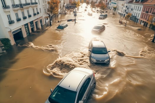 Climate change disaster flood catastrophe concept background - cars in flooded street of European city town