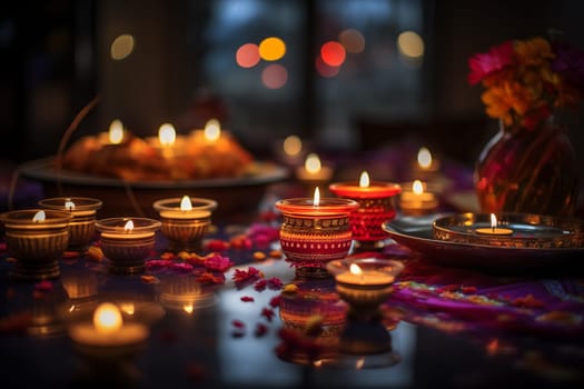 Diwali indian festival of lights background - burning diya lamps on a decorated table close up