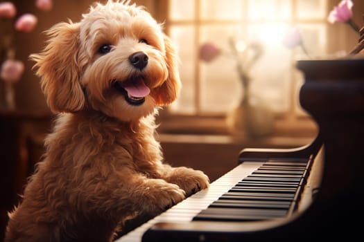 Cute puppy dog musical prodigy playing piano backlit from window