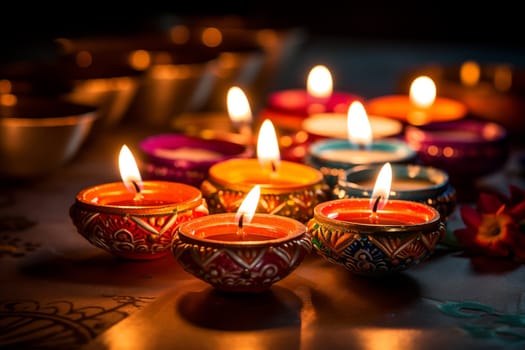 Diwali indian festival of lights background - burning diya lamps on a decorated table close up