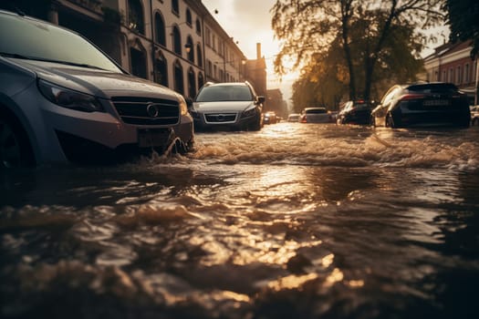 Climate change disaster flood catastrophe concept background - cars in flooded street of European city town