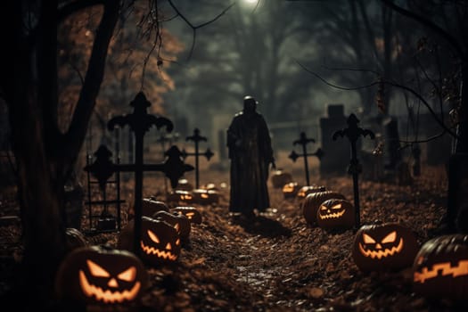 Halloween concept - spooky graveyard at night under full moon with Halloween jack-o-lantern pumpkins with glowing eyes, graves and tombstones