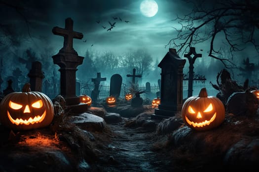 Halloween concept - spooky graveyard at night under full moon with Halloween jack-o-lantern pumpkins with glowing eyes, graves and tombstones