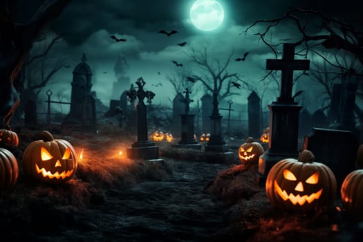 Halloween concept - spooky graveyard at night under full moon with Halloween jack-o-lantern pumpkins with glowing eyes, graves and tombstones