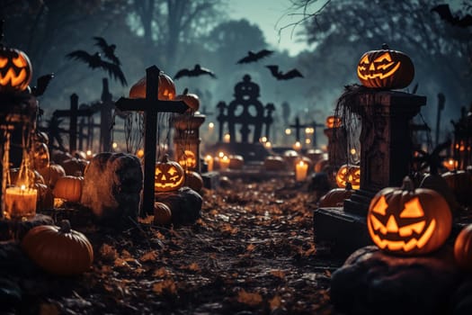 Halloween concept - spooky graveyard at night under full moon with Halloween jack-o-lantern pumpkins with glowing eyes, graves and tombstones