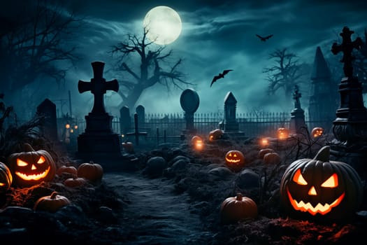 Halloween concept - spooky graveyard at night under full moon with Halloween jack-o-lantern pumpkins with glowing eyes, graves and tombstones