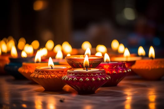 Diwali indian festival of lights background - burning diya lamps on a decorated table close up