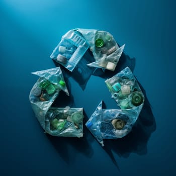 Recycle sustainability plastic pollution concept - recycling symbol made of recycled plastic bottles on blue background