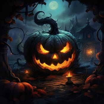 Halloween concept - Halloween jack-o-lantern with glowing eyes, and spooky haunted house at night illustration