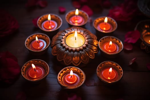 Diwali indian festival of lights background - burning diya lamps on a decorated table close up