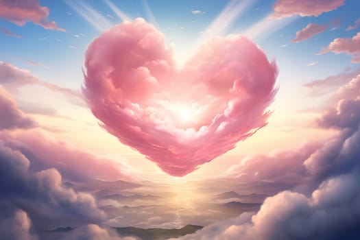 Painting of a heart-shaped cloud illuminated by the warm hues of sunset, floating above a serene sea of clouds. For love, romance, tenderness and Valentine day design