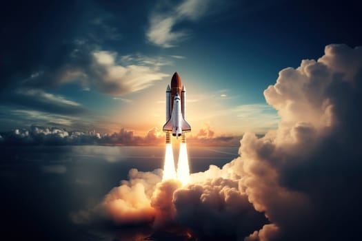 Aerial view of a rocket shuttle carrier launch at sunrise over an ocean coast. The rocket is blasting off with a trail of smoke and flames behind it.