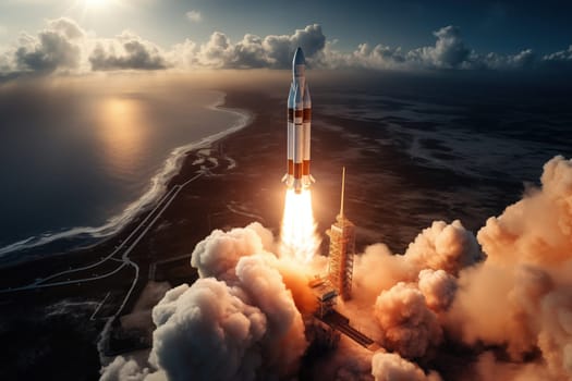 Aerial view of a rocket launch at sunrise sunset over an ocean coast. The rocket is blasting off with a trail of smoke and flames behind it.