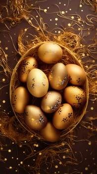 Easter eggs on a golden background. Minimal creative Easter concept. Vertical AI