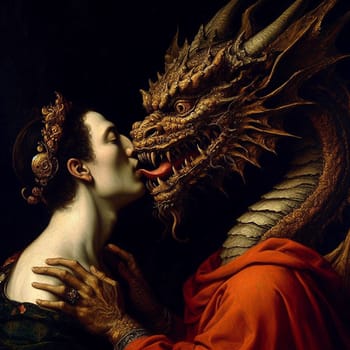 powerful dragon chinese creature tame powerful woman in baroque painting styleai generated