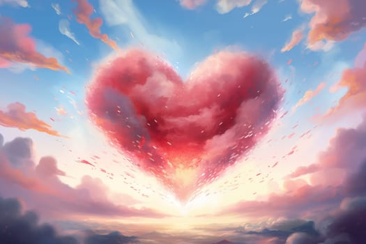 Painting of a heart-shaped cloud illuminated by the warm hues of sunset, floating above a serene sea of clouds. For love, romance, tenderness and Valentine day design