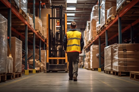 A worker in a reflective vest operates a forklift in a well-lit warehouse, navigating through aisles stacked with packaged goods. Efficiency and organization of a modern distribution center