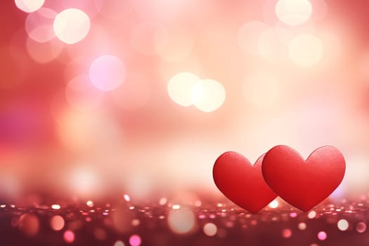 A beautiful and romantic background featuring two elegant red hearts against a soft, bokeh light effect, perfect for Valentine Day or any love-themed design