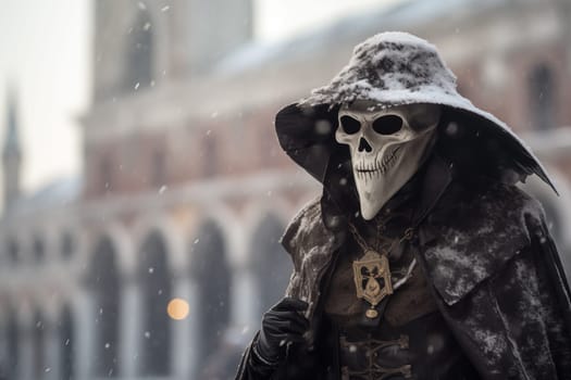 A person adorned in a richly detailed and colorful carnival costume in death mask, complete with an elaborate mask, participates in the iconic Venice Carnival with snowfall