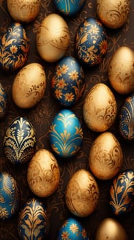 Easter eggs on a golden background. Minimal creative Easter concept. Vertical AI