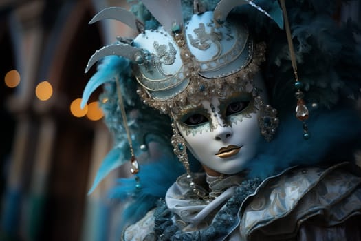 A person adorned in an elaborate and elegant costume, capturing the essence of the Venice Carnival amidst a scenic backdrop